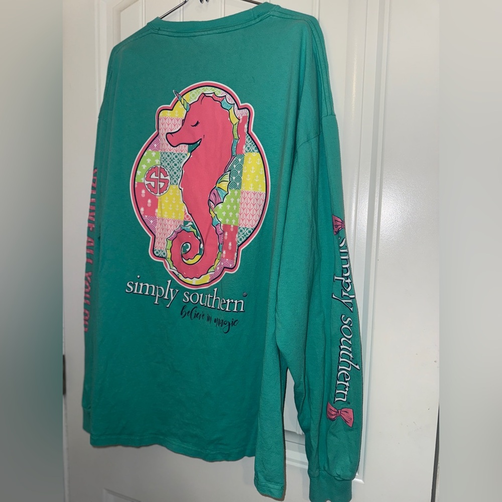 Simply Southern Teal Long Sleeve Tee with Pink Accents - Picture 2 of 10